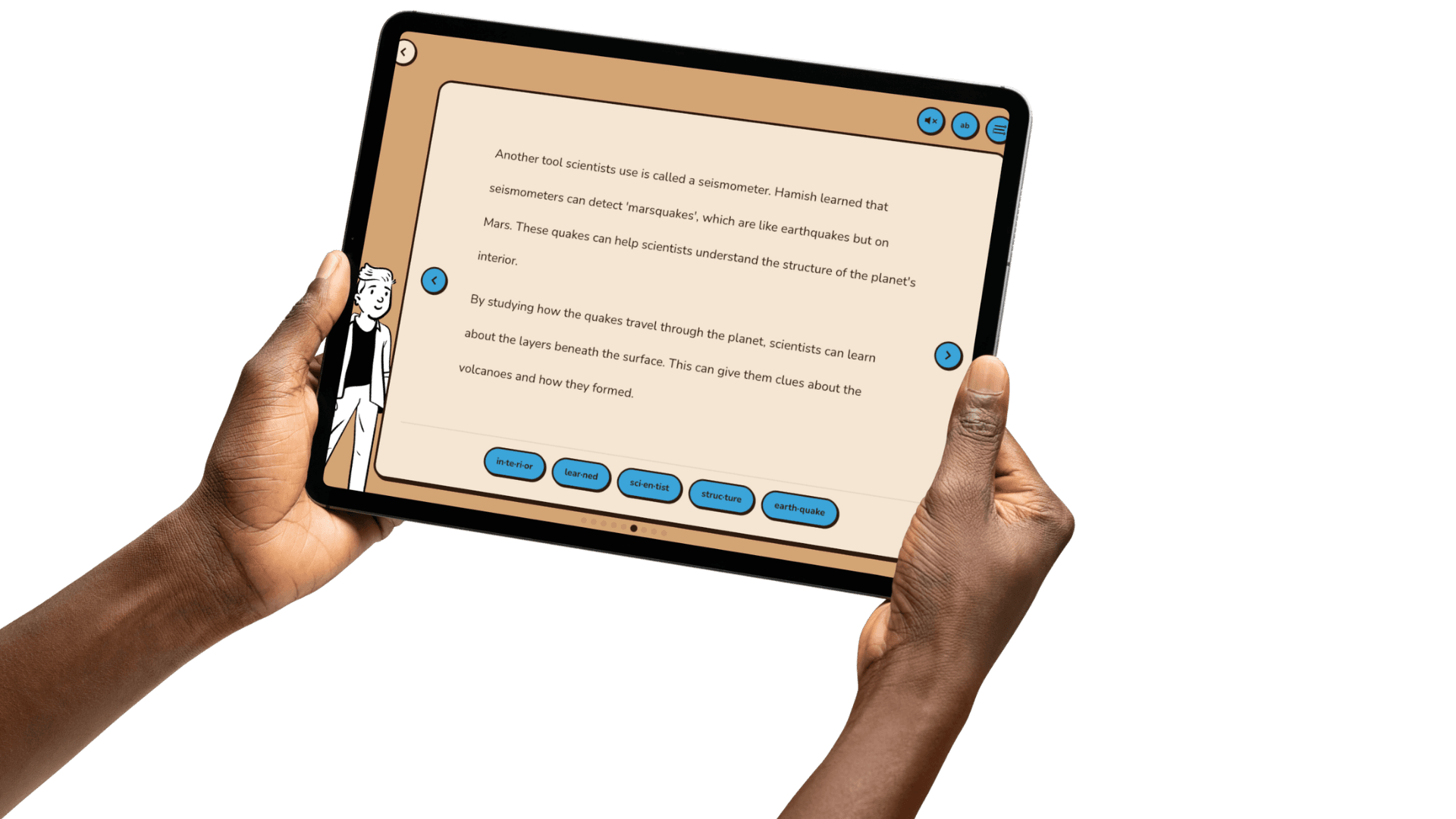Student holding a tablet showing the Everybody Reads reader with large text spacing and accessibility options