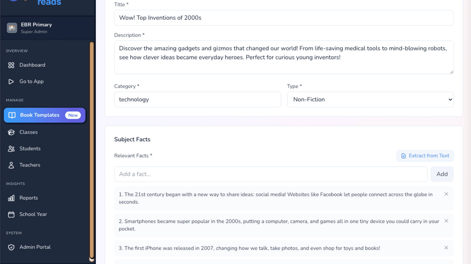 Book Generator builder showing title, description, category, type, and subject facts fields for creating a curriculum-aligned book