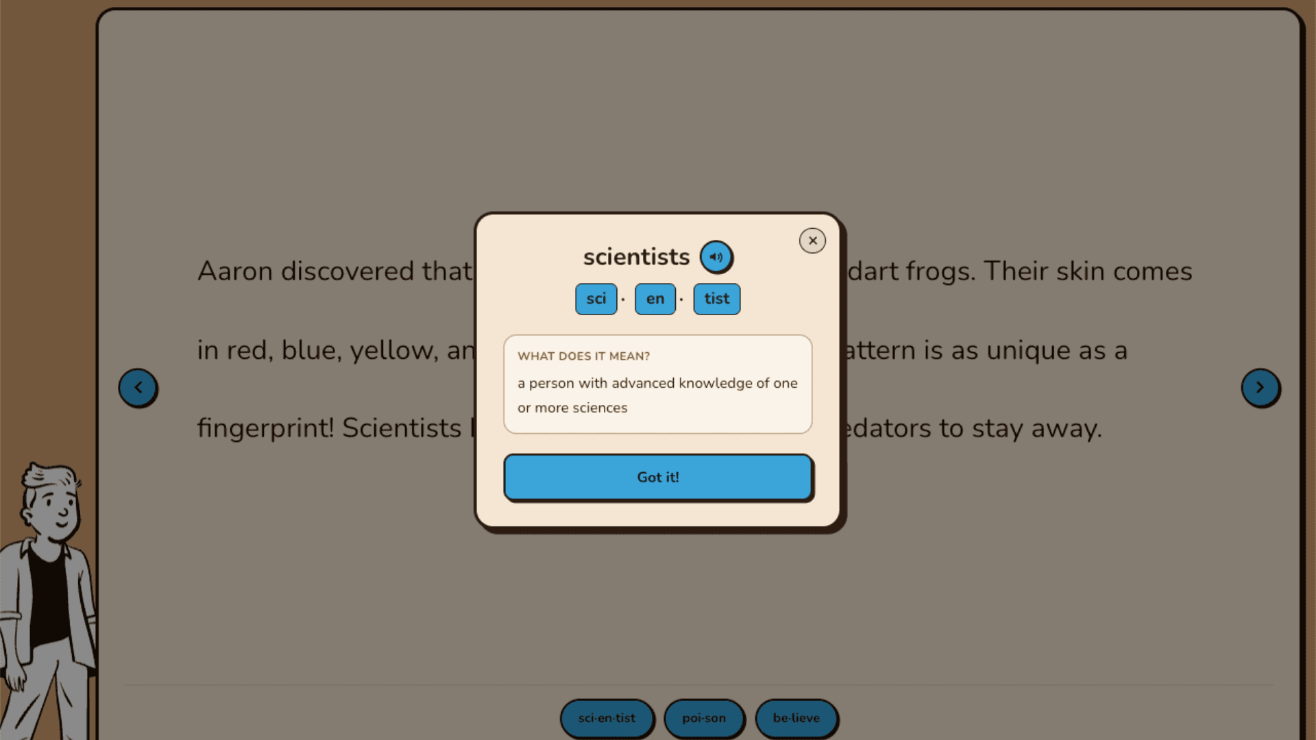 In-reader dictionary popup showing the word 'scientists' with syllable breakdown and definition