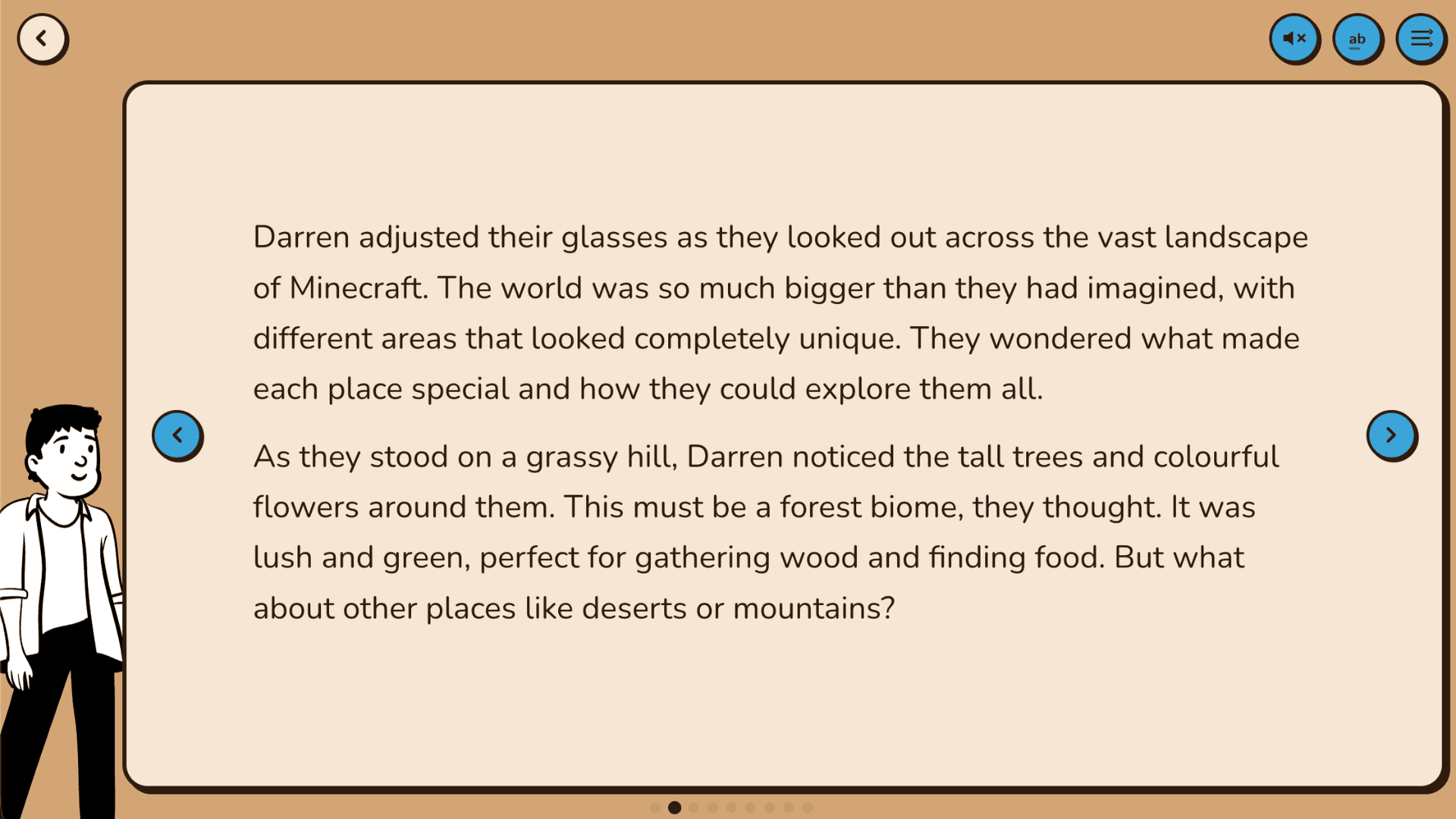 Story reader showing a personalised story with the student's character alongside the text