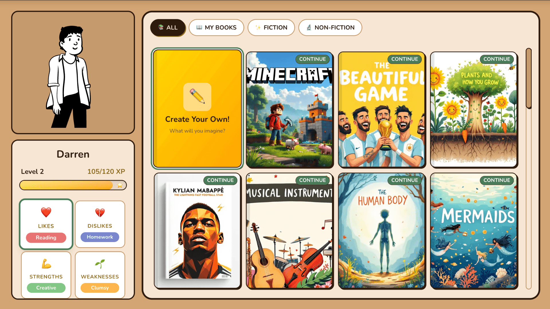 Student library showing personalised book covers, Create Your Own option, and fiction and non-fiction categories